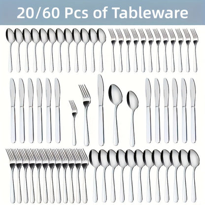 Stainless Steel Silverware Set 20 or 60 Piece – Heavy Duty Commercial Grade, Dishwasher Safe, Rust-Proof & Non-Toxic Bulk Kitchen Tableware