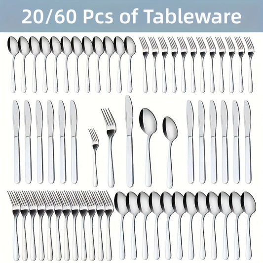 Stainless Steel Silverware Set 20 or 60 Piece – Heavy Duty Commercial Grade, Dishwasher Safe, Rust-Proof & Non-Toxic Bulk Kitchen Tableware