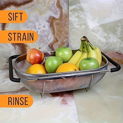 Stainless Steel Colander Expandable Fine Mesh Drain Basket Strainer for Vegetables Fruits for Home Cooking, Dining and Outdoor Meals