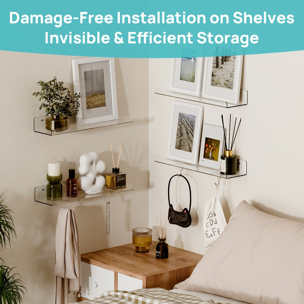 Acrylic Floating Shelves for Wall 4-Pack with 4 Hooks, Clear Wall Mounted Display Shelf Organizer
