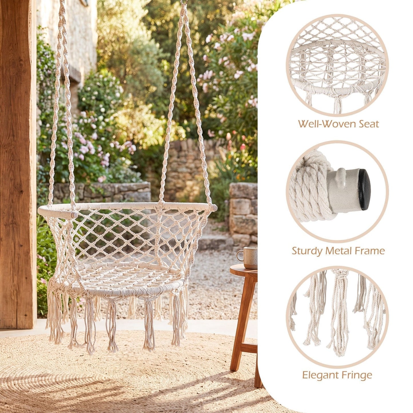 Beige Macrame Hammock Chair with Cotton Rope, Metal Frame and 31.5 x 26-Inch Hanging Seat Design