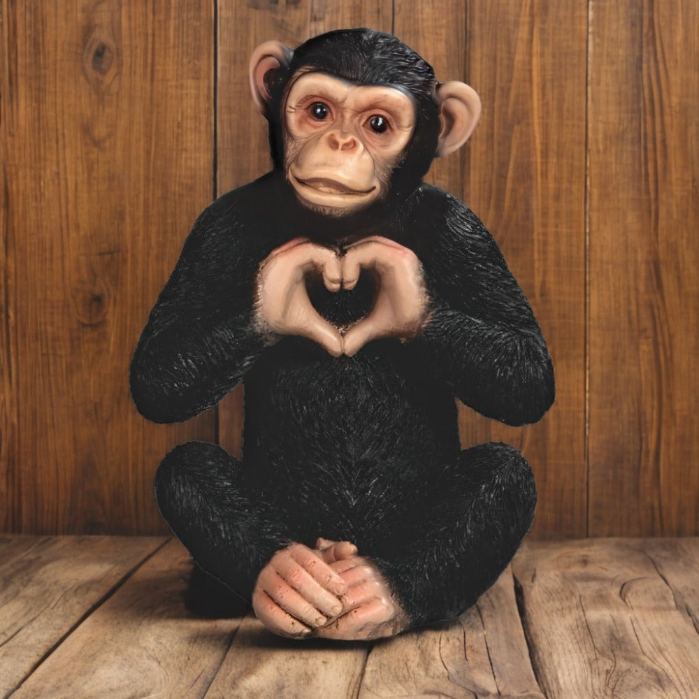 Chimpanzee Figurine with Seated Polyresin Form, Heart-Shaped Hand Gesture and 3.5 x 3.5 x 5-Inch Size