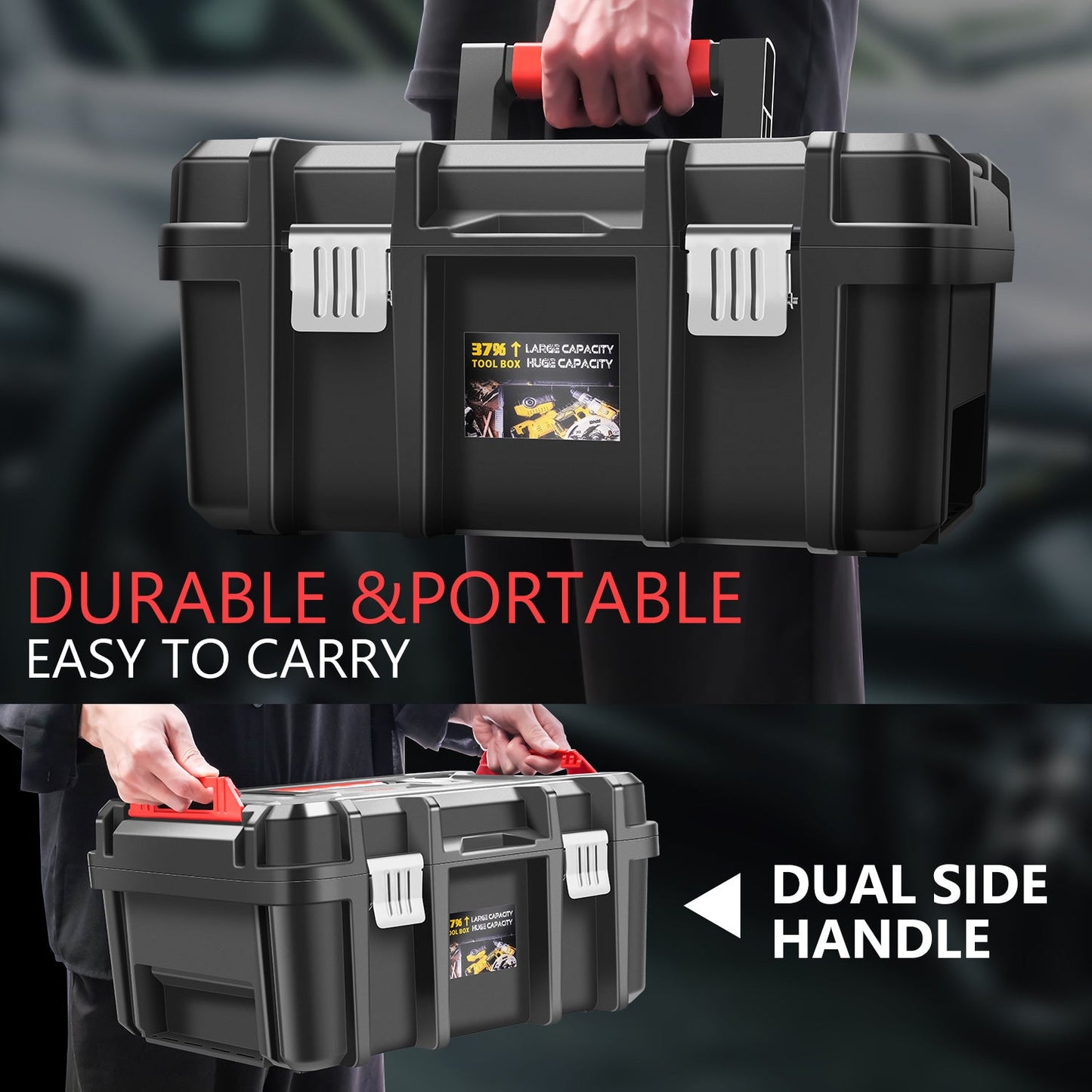 Tool Box Set 2-Piece Lockable – Large Capacity Portable Toolbox Organizer with Removable Tray, Double Lock Buckle, Hard Plastic
