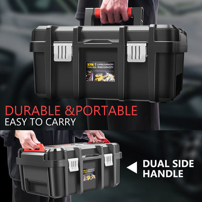 Tool Box Set 2-Piece Lockable – Large Capacity Portable Toolbox Organizer with Removable Tray, Double Lock Buckle, Hard Plastic