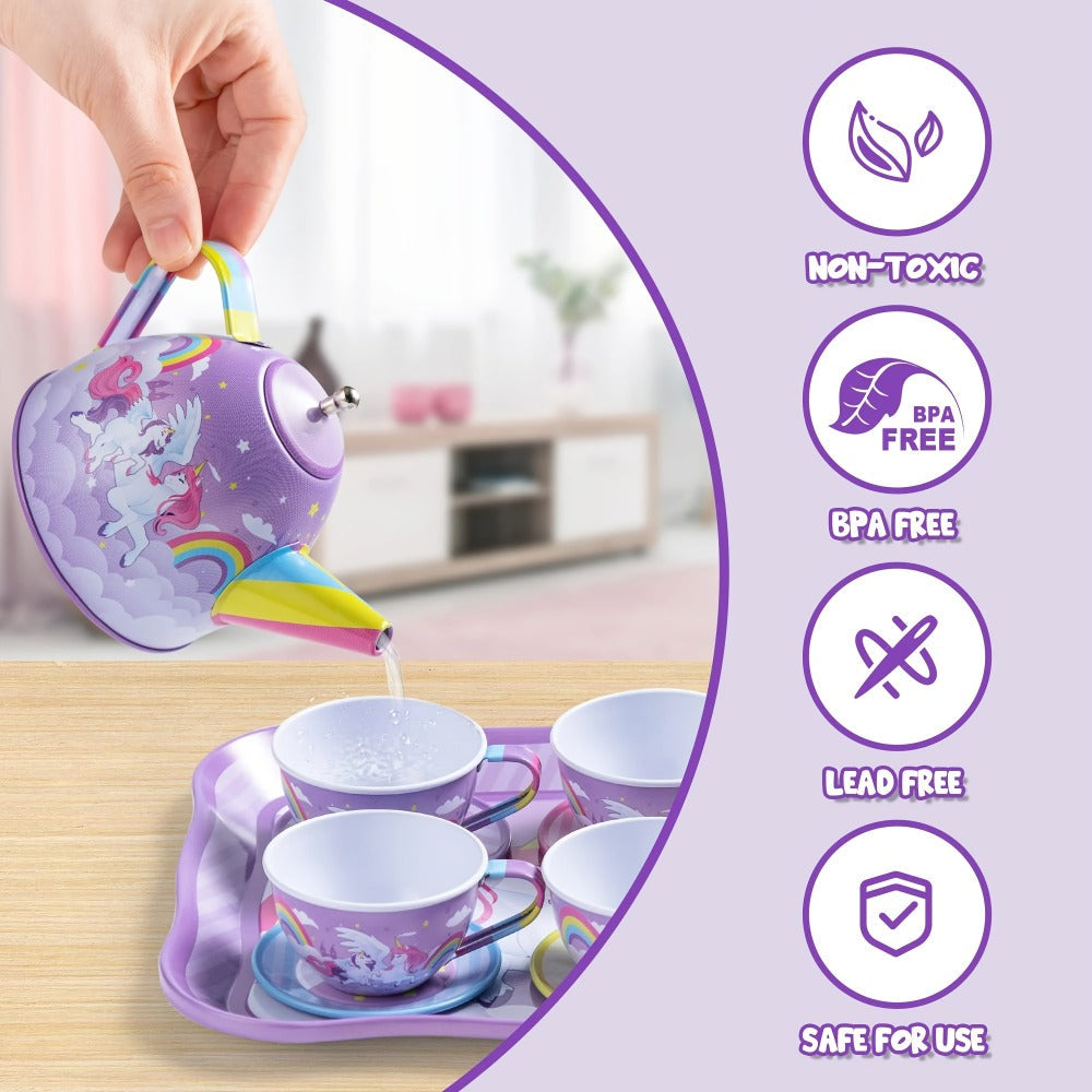 Purple Unicorn Tin Tea Set in Carry Case with Teapot, Four Cups, Four Saucers and Five Plates