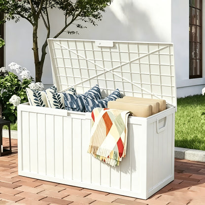 75-Gallon Outdoor Storage Box with Hinged Lid, Side Grips, Small Wheels and Three Color Options
