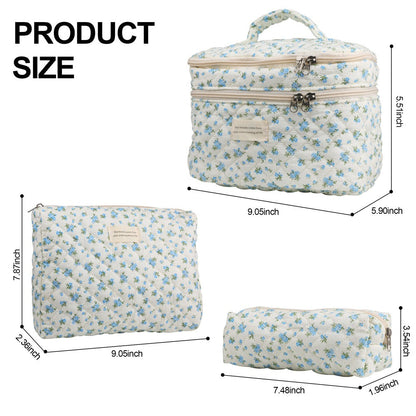 Quilted Floral Makeup Bag Set 3PCS Large Capacity Dual Layer Cotton Cosmetic Bags Coquette Aesthetic Travel Toiletry Organizer Gift