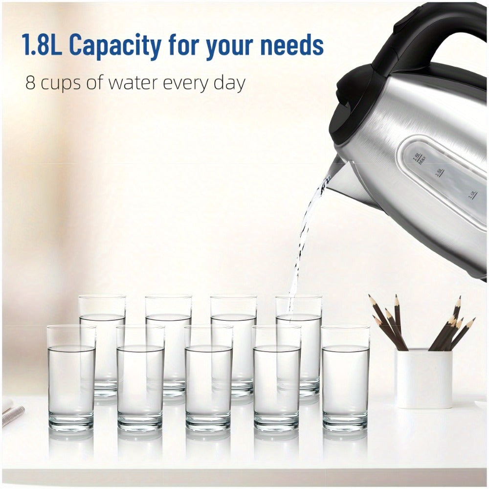 Electric Kettle 1.8L 1200W Stainless Steel with Water Window, Auto Shut-Off and Cordless Base