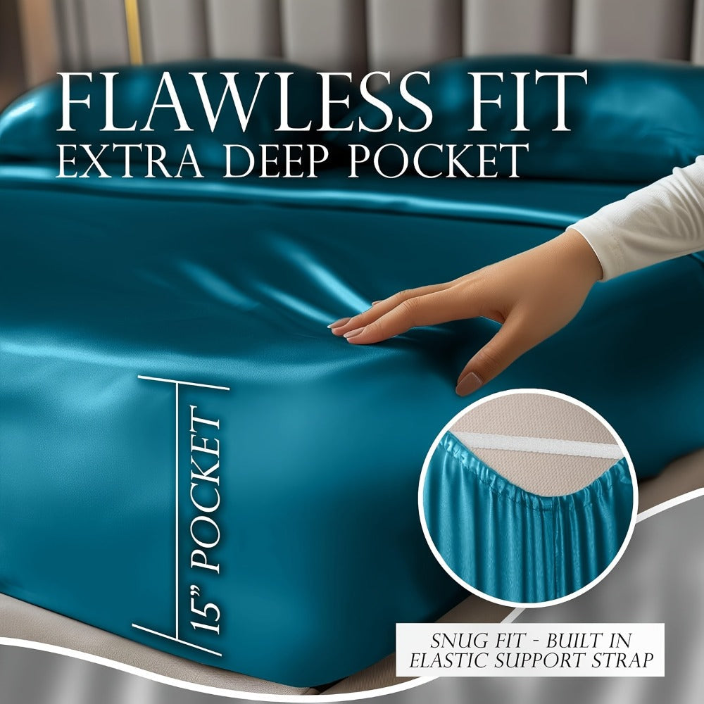 4-Piece Satin Sheet Set with 15-Inch Deep Pockets in Twin, Full, Queen or King Sizes and Nine Color Options