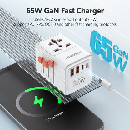 65W Universal Travel Adapter with 4 USB Ports - 2 USB-C & 2 USB-A Fast Charging, US EU UK AU Plugs