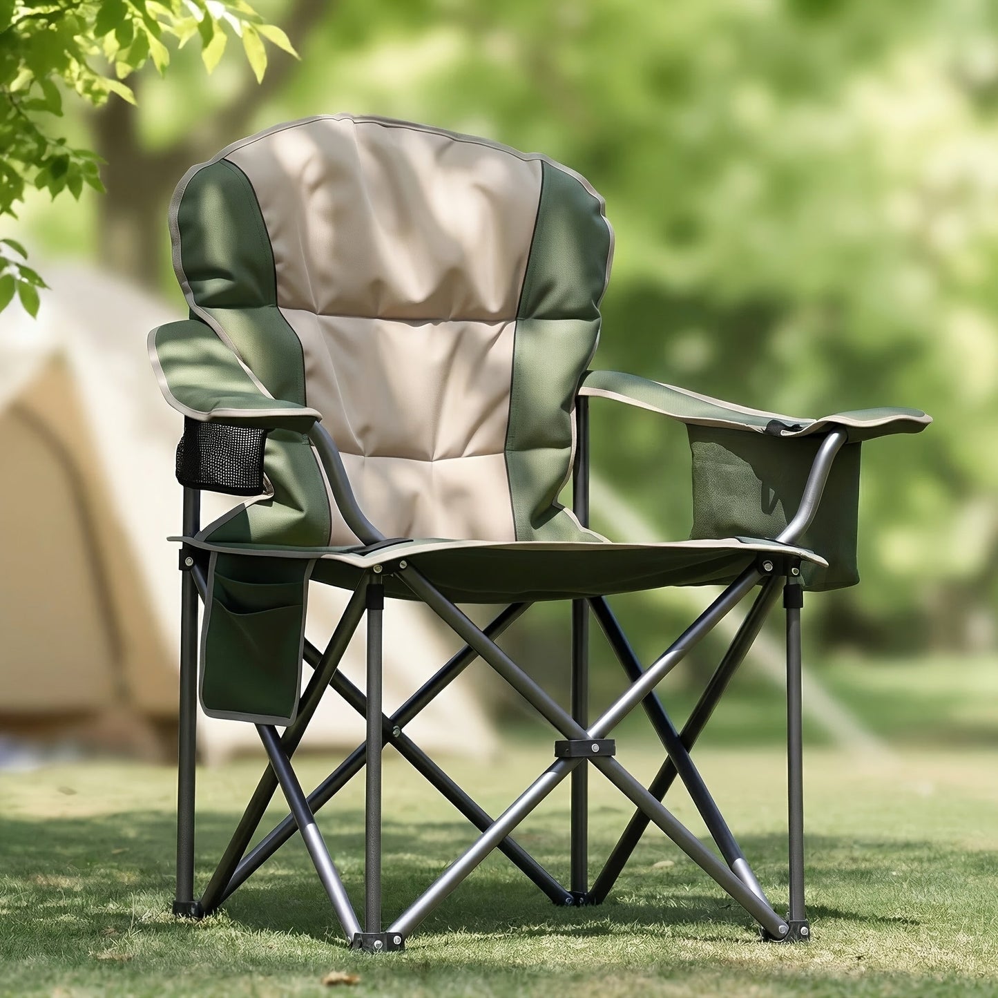 Heavy Duty Folding Camping Chair 600 Lbs Capacity – Padded Seat, Insulated Cooler Bag, Organizer Pockets & 2 Cup Holders for Camping, Beach
