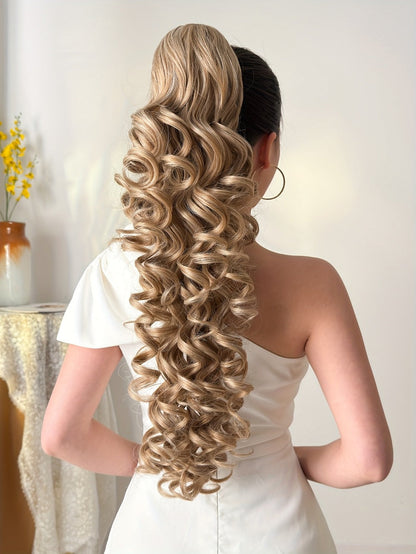Curly Ponytail Extension 28 Inch Long Heat Resistant Synthetic Clip In Wrap Around Hairpiece Voluminous Bouncy Curls 4 Styles for Women