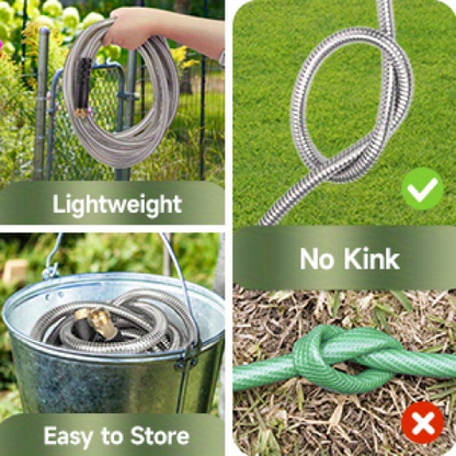 Stainless Steel Metal Garden Hose, Kink-Free, 10-Function Nozzle, Brass Fittings, 10FT to 150FT