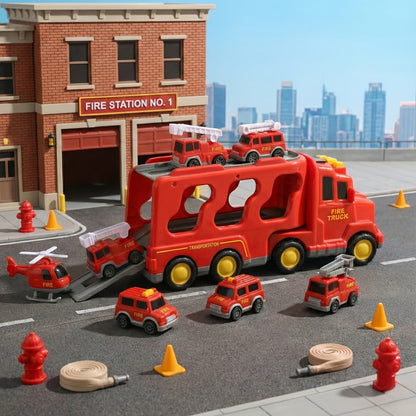 7-in-1 Kids Car Toy Set 7pcs with Playmat, Large Vehicle + 6 Mini Cars Ambulance Police Fire Truck Engineering