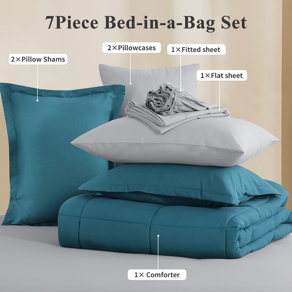 7 Piece Comforter Set Luxury Soft Fluffy Bedding All Season Bed in a Bag with Comforter Fitted Sheet Flat Sheet Pillowcases Hypoallergenic