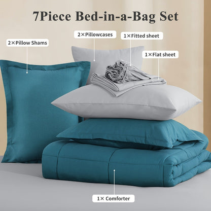 7 Piece Comforter Set Luxury Soft Fluffy Bedding All Season Bed in a Bag with Comforter Fitted Sheet Flat Sheet Pillowcases Hypoallergenic