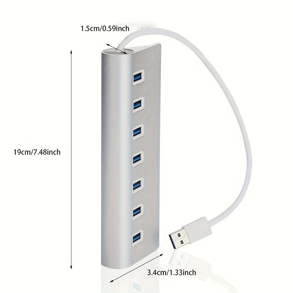 Silvery Seven-Port USB 3.0 Hub with USB-A Host Cable and Aluminum-Alloy Housing for Laptop Accessories
