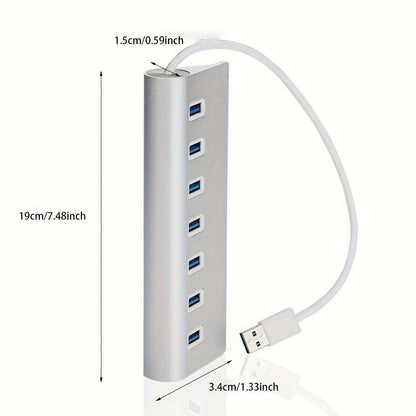 Silvery Seven-Port USB 3.0 Hub with USB-A Host Cable and Aluminum-Alloy Housing for Laptop Accessories