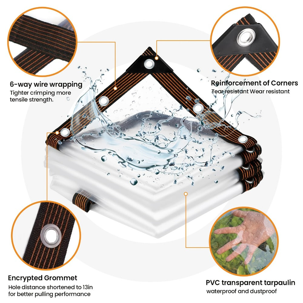 Clear Tarp Transparent PE Tarpaulin with Grommets, Rainproof Cover for Porch Canopy Henhouse Plant Camping & Outdoor Garden
