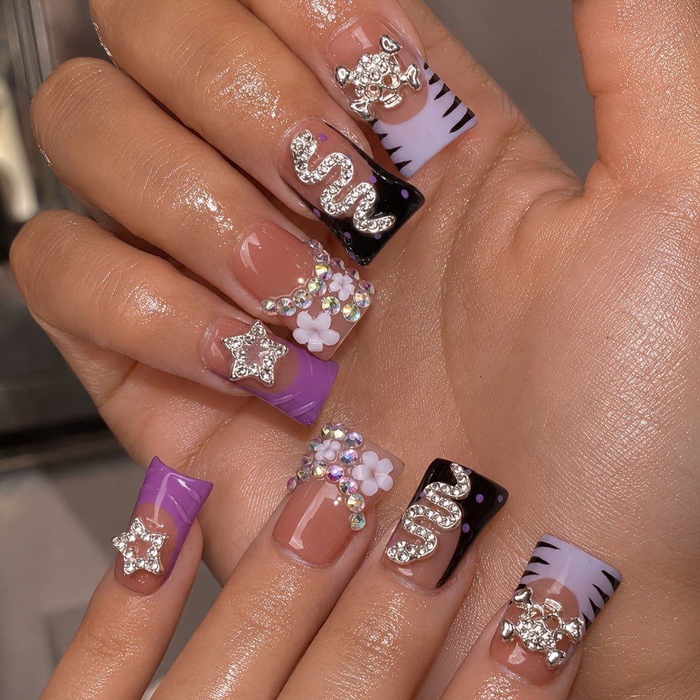 Press On Nails 10-Piece Handmade Short Duckbill Leopard Skull Rhinestone Acrylic Set with Tools