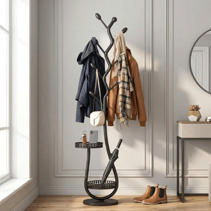 Clothing Rack with Shelf Freestanding Metal Garment Rack - Standalone Vertical Clothes Organizer with Coat Hat Hooks