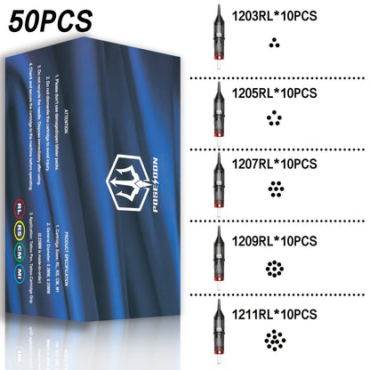 Round Liner Tattoo Cartridge Needles 50pcs Assorted - #10 Bugpin & #12 Standard 3RL 5RL for Temporary Body Art, Festivals and Costumes
