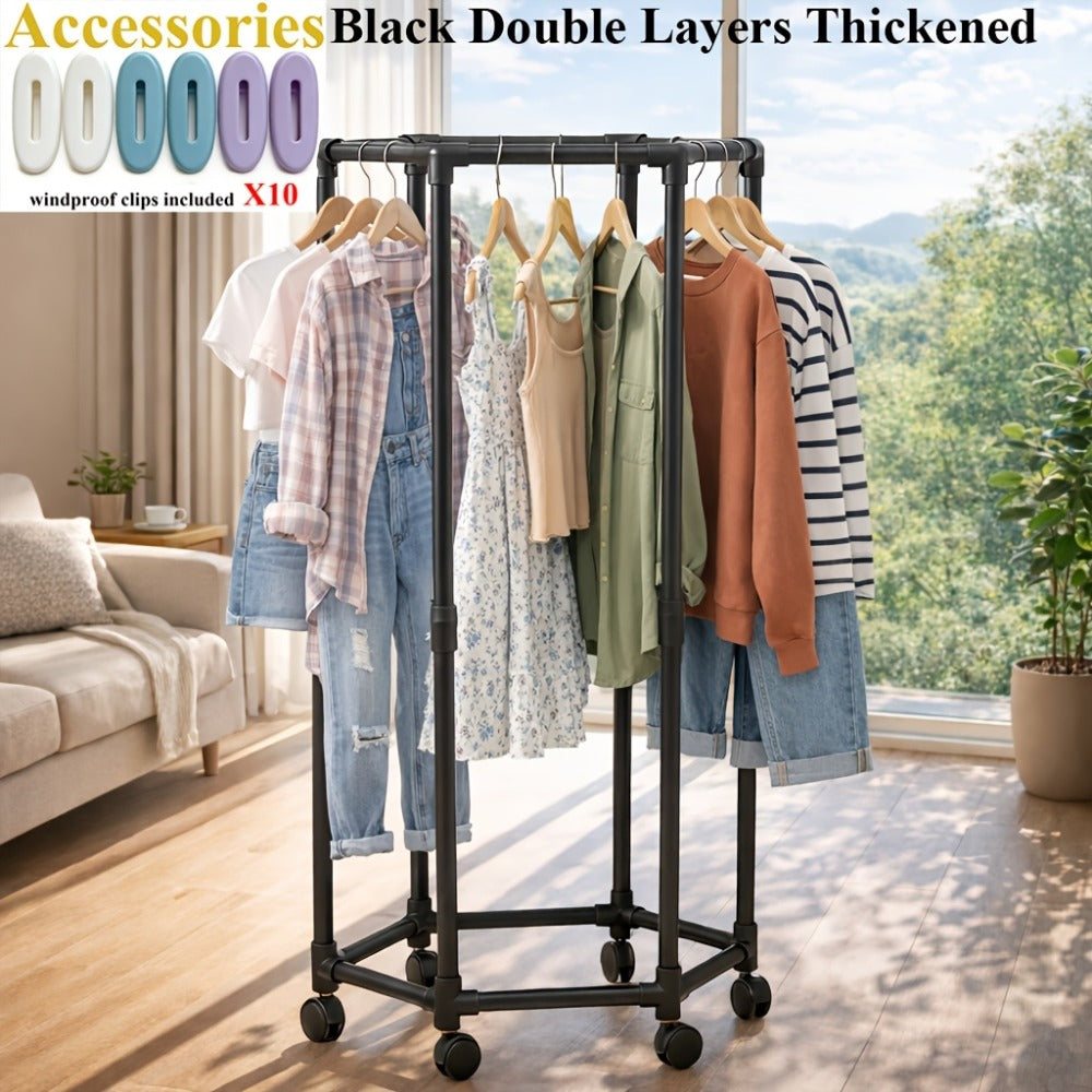 Rolling Hexagon Clothes Drying Rack 1 or 2 Layer, Sturdy Metal Floor Stand with Wheels, Multi-Bar & 10 Clips