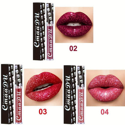 Glitter Lip Gloss Set 3pcs Skull Design Shimmer Liquid Lipstick Long Lasting Easy Remove Bold Shiny Lip Color for Music Festival Rave Party