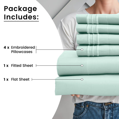 Fitted Sheet Set 6-Piece Brushed Polyester Deep Pocket Bed Sheets 20 Colors Hotel Luxury Bedding with Embroidered Pillowcases