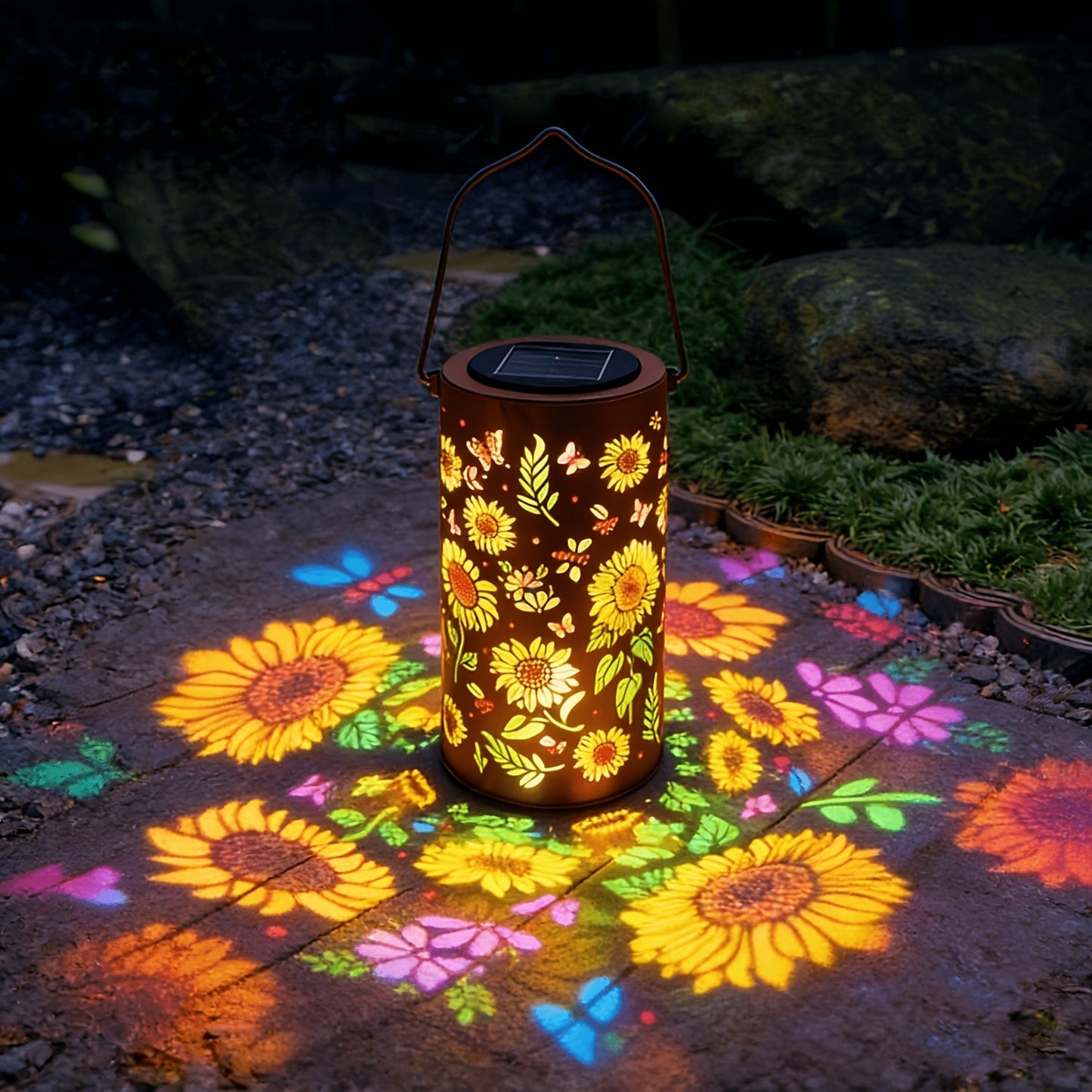 Solar Sunflower Lantern, Painted Butterfly Iron Garden Light, Outdoor Spotlight Lawn Ambient Decor