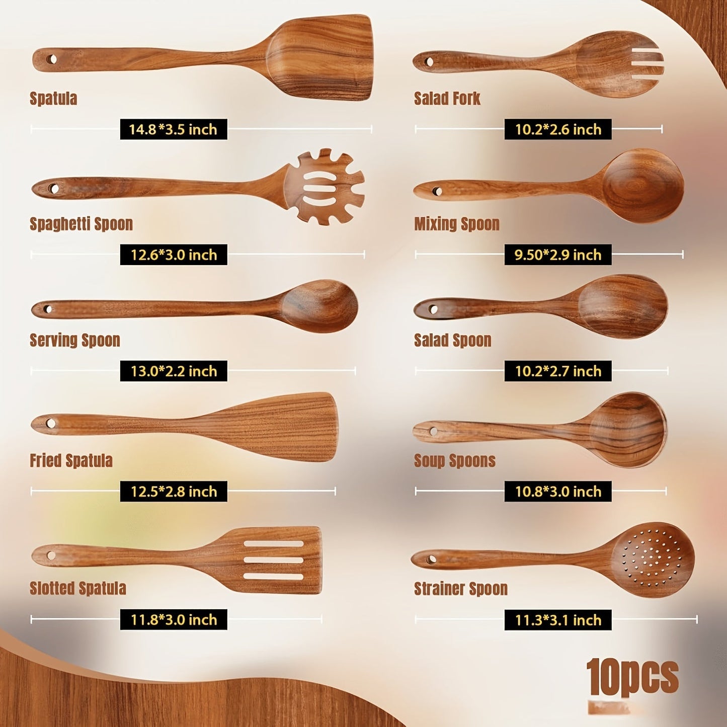 Wooden Kitchen Utensil Set 10 Piece – Nonstick Safe Cooking Spoons, Ergonomic Handle, Heat Resistant Wood Kitchen Tools