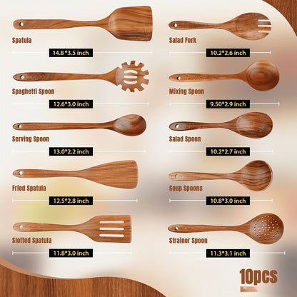 Wooden Kitchen Utensil Set 10 Piece – Nonstick Safe Cooking Spoons, Ergonomic Handle, Heat Resistant Wood Kitchen Tools