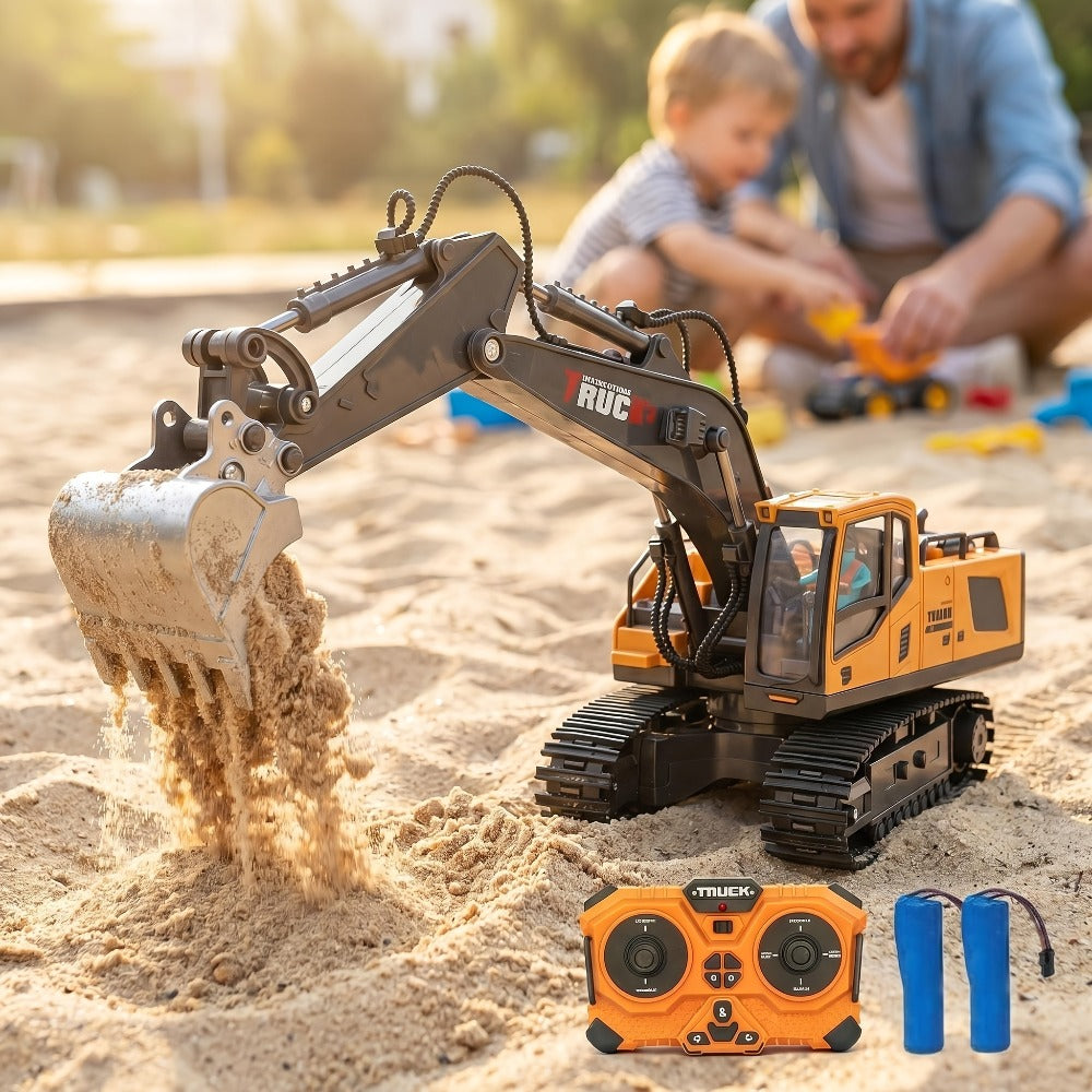 RC Construction Truck Toy 1:24 Scale Alloy Bulldozer Dump Truck & Excavator, 11-Channel Remote Control with Forward