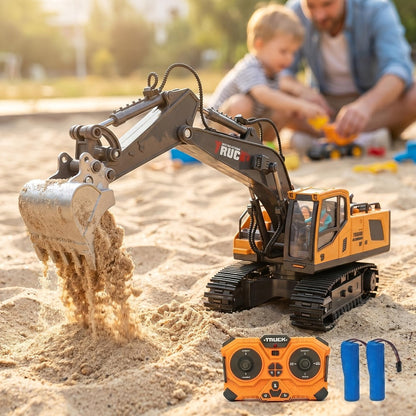 RC Construction Truck Toy 1:24 Scale Alloy Bulldozer Dump Truck & Excavator, 11-Channel Remote Control with Forward