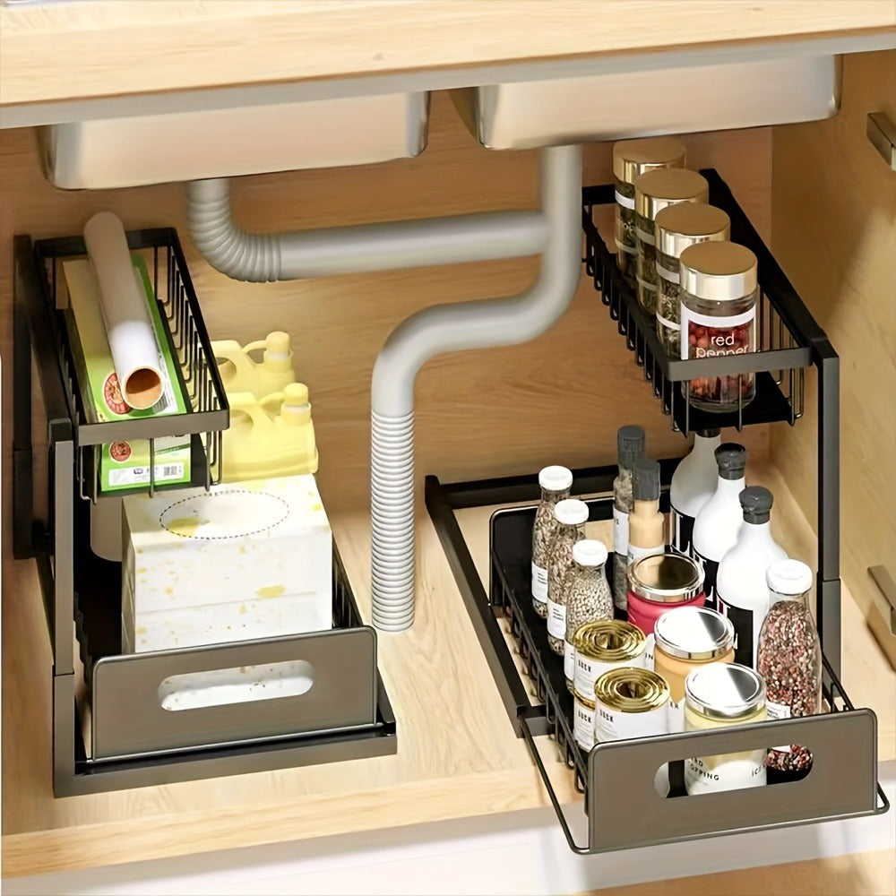 Under Sink Storage Organizer 2-Tier Sliding Metal Shelf in 1-Pack or 2-Pack, Black, White or Gray