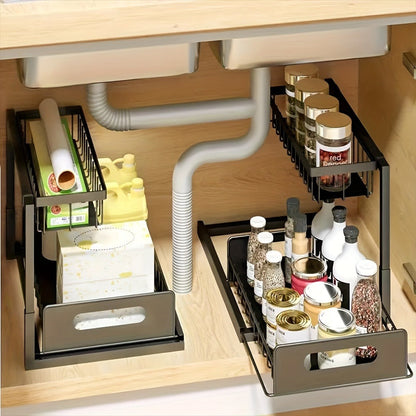 Under Sink Storage Organizer 2-Tier Sliding Metal Shelf in 1-Pack or 2-Pack, Black, White or Gray