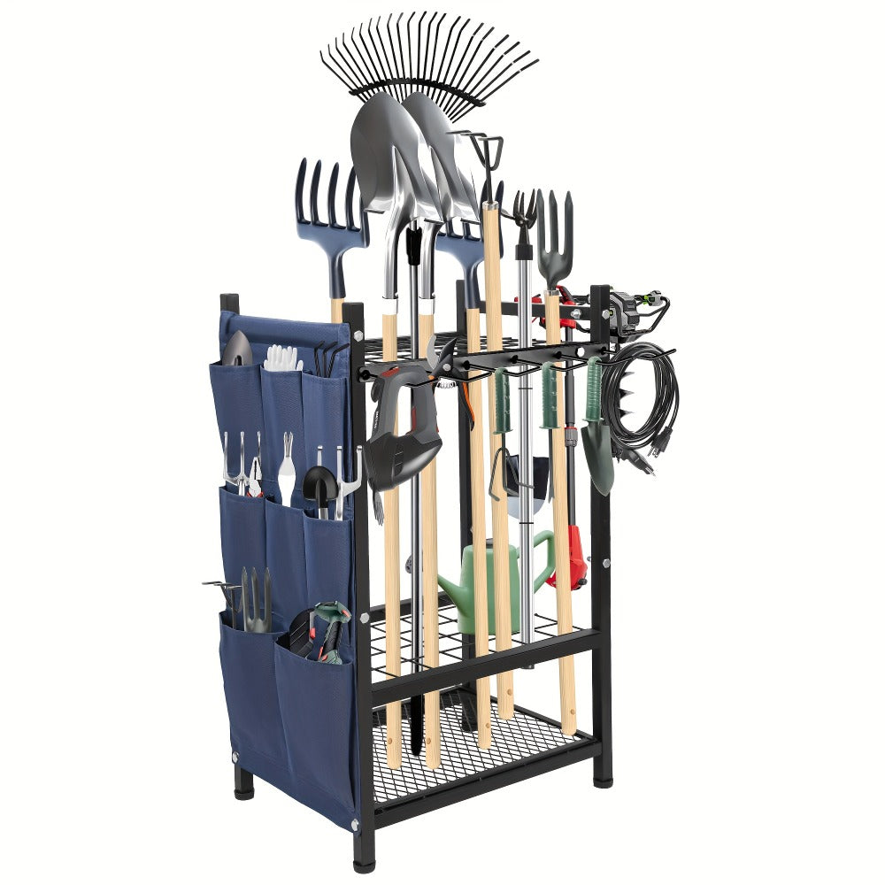 Tool Storage Rack with Storage Bag, Metal Yard Tool Organizer for Garage Holds 35 Long-Handled Tools