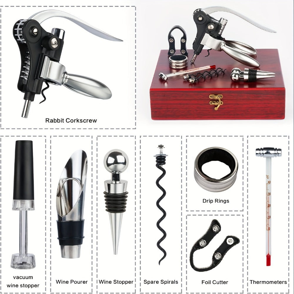 Wine Opener Kit 10pcs Stainless Steel Bottle Opener Gift Set with Wood Case – Beer Wine Accessories Bar Tool Set for Men Women Valentine's