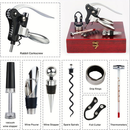 Wine Opener Kit 10pcs Stainless Steel Bottle Opener Gift Set with Wood Case – Beer Wine Accessories Bar Tool Set for Men Women Valentine's