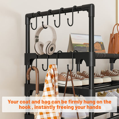 Shoe Rack 4-Row Metal Organizer with 6-Tier 55-Pair or 9-Tier 64-Pair Black Configurations