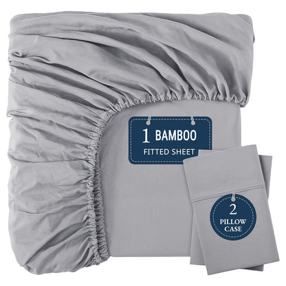 Bamboo Fitted Sheet Set 3-Piece – Cooling Breathable Soft Deep Pocket Bed Sheets, Twin Full Queen King, 12 Colors – Fits Mattress Up to 15"