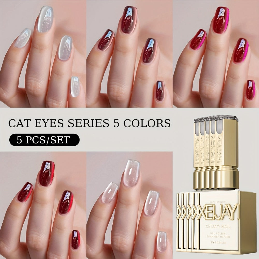 Gel Nail Polish 5-Piece Magnetic Cat-Eye Set with Ruby, Raspberry, Blackberry, White-Moonlight and Clear Shades for UV/LED Cure