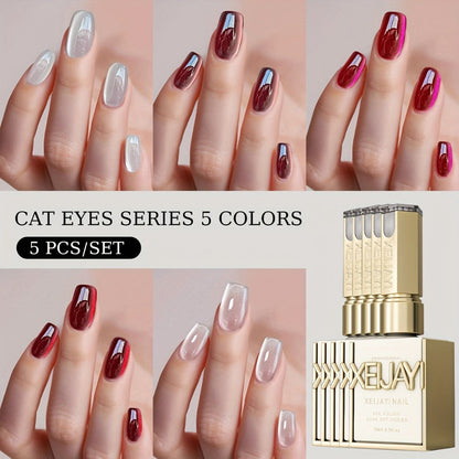 Gel Nail Polish 5-Piece Magnetic Cat-Eye Set with Ruby, Raspberry, Blackberry, White-Moonlight and Clear Shades for UV/LED Cure