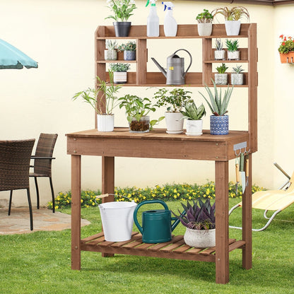 Potting Bench Table Fir Wood Iron Frame Switchable Top Integrated Sink 3-Tier Display Rack Storage Shelf for Garden, Patio and Yard Use