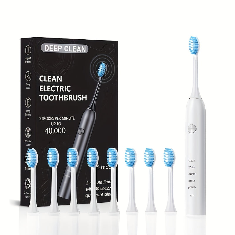 Electric Toothbrush with Five Modes, 40, 000 Vibrations per Minute, Type-C Charging and Four or Eight Heads