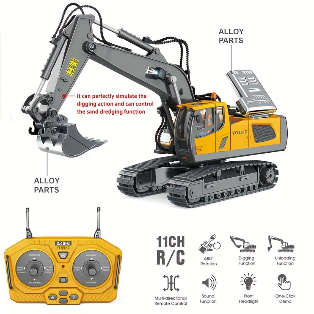 RC Construction Truck Toy 1:24 Scale Alloy Bulldozer Dump Truck & Excavator, 11-Channel Remote Control with Forward