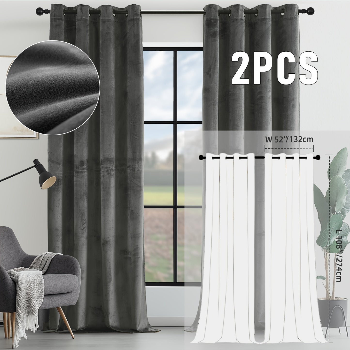 Velvet Room Darkening Curtains 2 Panels, Grommet Top Thermal Insulated Soundproof Blackout Curtains for Living Room Bedroom