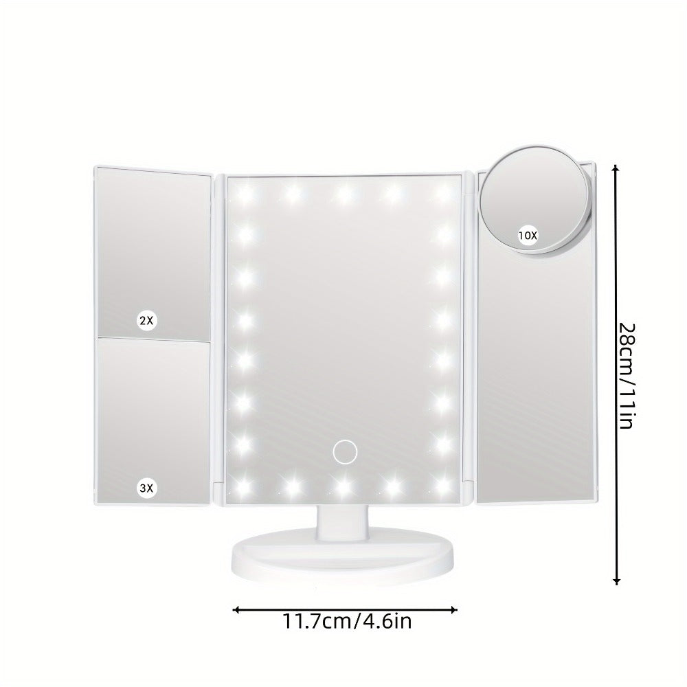 Trifold LED Vanity Mirror with 1X 2X 3X 10X Magnification Touch Screen Adjustable Brightness, for Makeup, Travel and Everyday Vanity Use