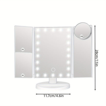 Trifold LED Vanity Mirror with 1X 2X 3X 10X Magnification Touch Screen Adjustable Brightness, for Makeup, Travel and Everyday Vanity Use