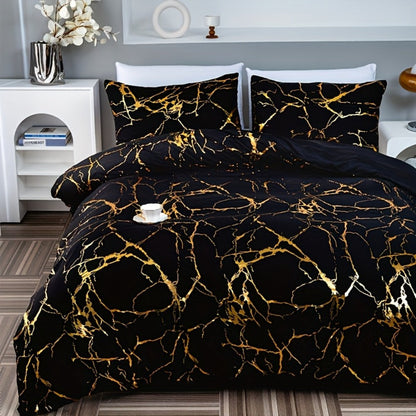 3-Piece Duvet Cover Set with Bronzed-Look Marble Vein Print in White, Khaki or Black and Four Sizes